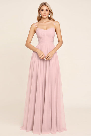 Candy Pink Chiffon A Line Spaghetti Straps Long Bridesmaid Dress